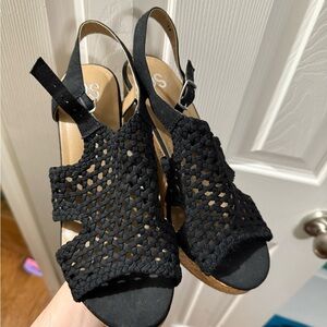 Black Woven Wedge Sandals with Adjustable Strap